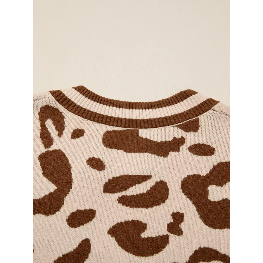 Leopard Knit Notched Casual Sweater Apparel and Accessories