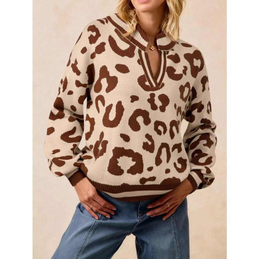Leopard Knit Notched Casual Sweater Camel / S Apparel and Accessories