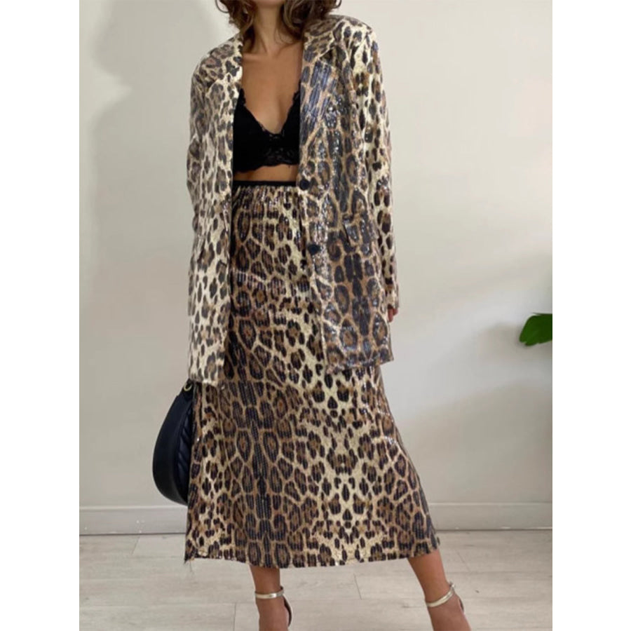 Leopard Lapel Collar Long Sleeve Longline Blazer Apparel and Accessories