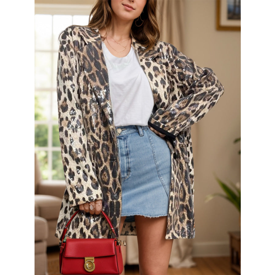 Leopard Lapel Collar Long Sleeve Longline Blazer Leopard / S Apparel and Accessories