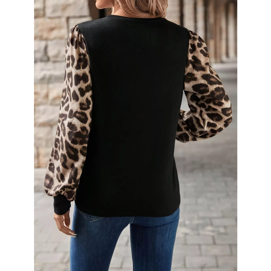 Leopard Long Sleeve Round Neck T-Shirt Apparel and Accessories