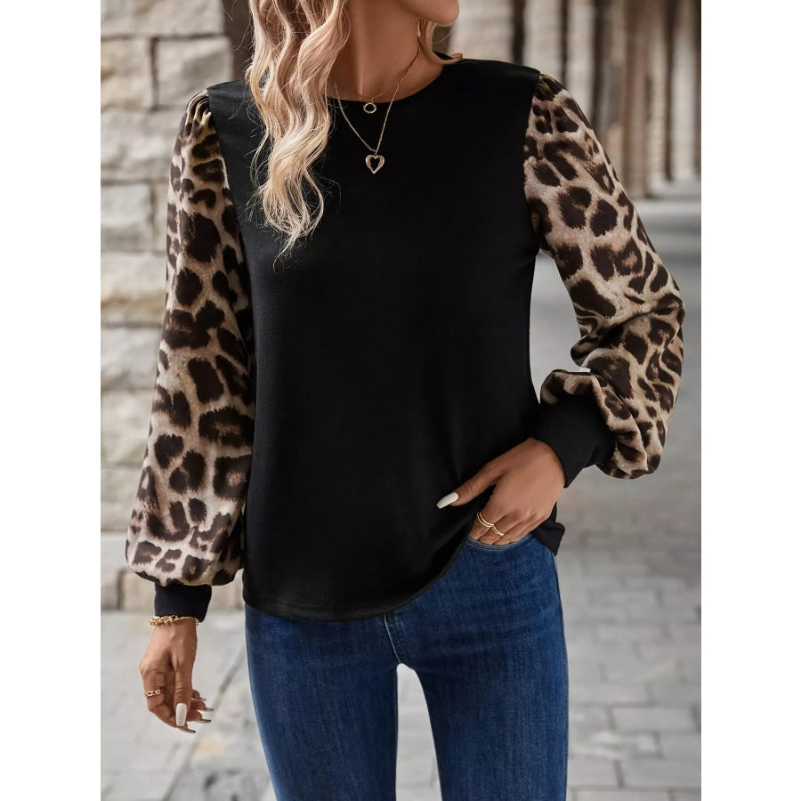 Leopard Long Sleeve Round Neck T-Shirt Apparel and Accessories