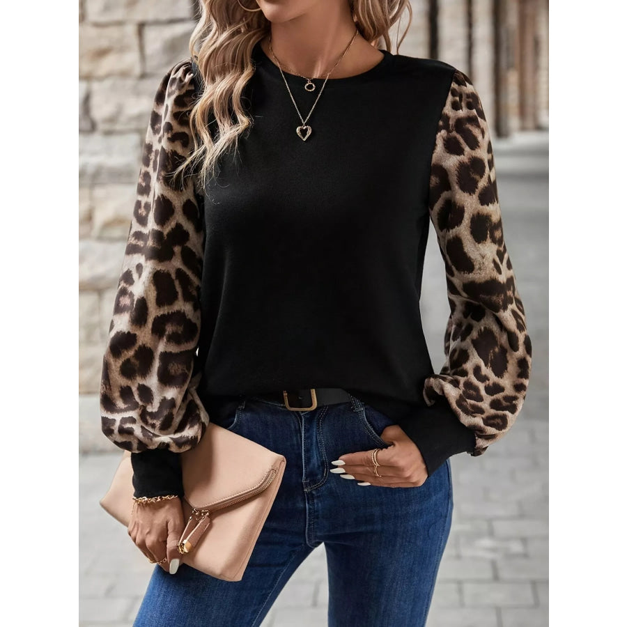 Leopard Long Sleeve Round Neck T-Shirt Apparel and Accessories
