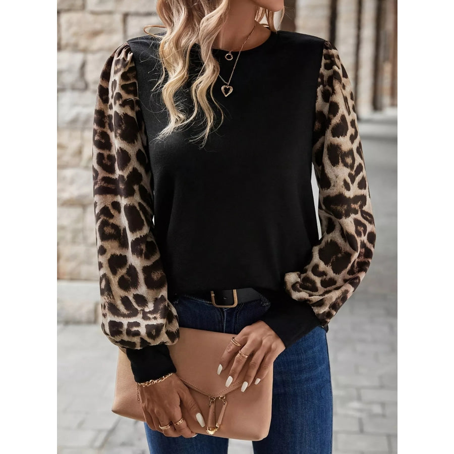 Leopard Long Sleeve Round Neck T-Shirt Apparel and Accessories