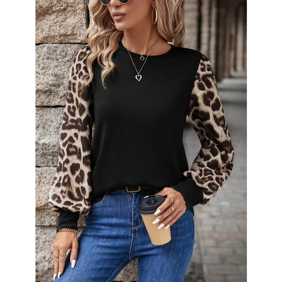 Leopard Long Sleeve Round Neck T-Shirt Black / S Apparel and Accessories