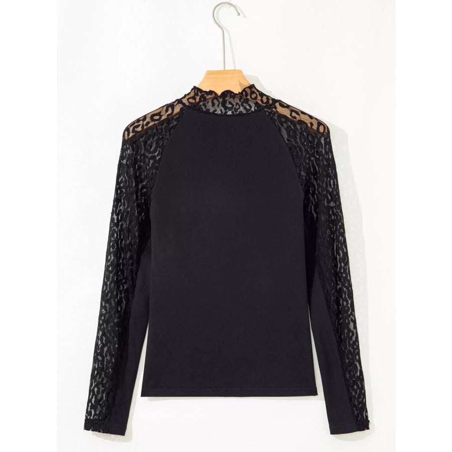 Leopard Mesh Patchwork Knit Long Sleeve Top Apparel and Accessories