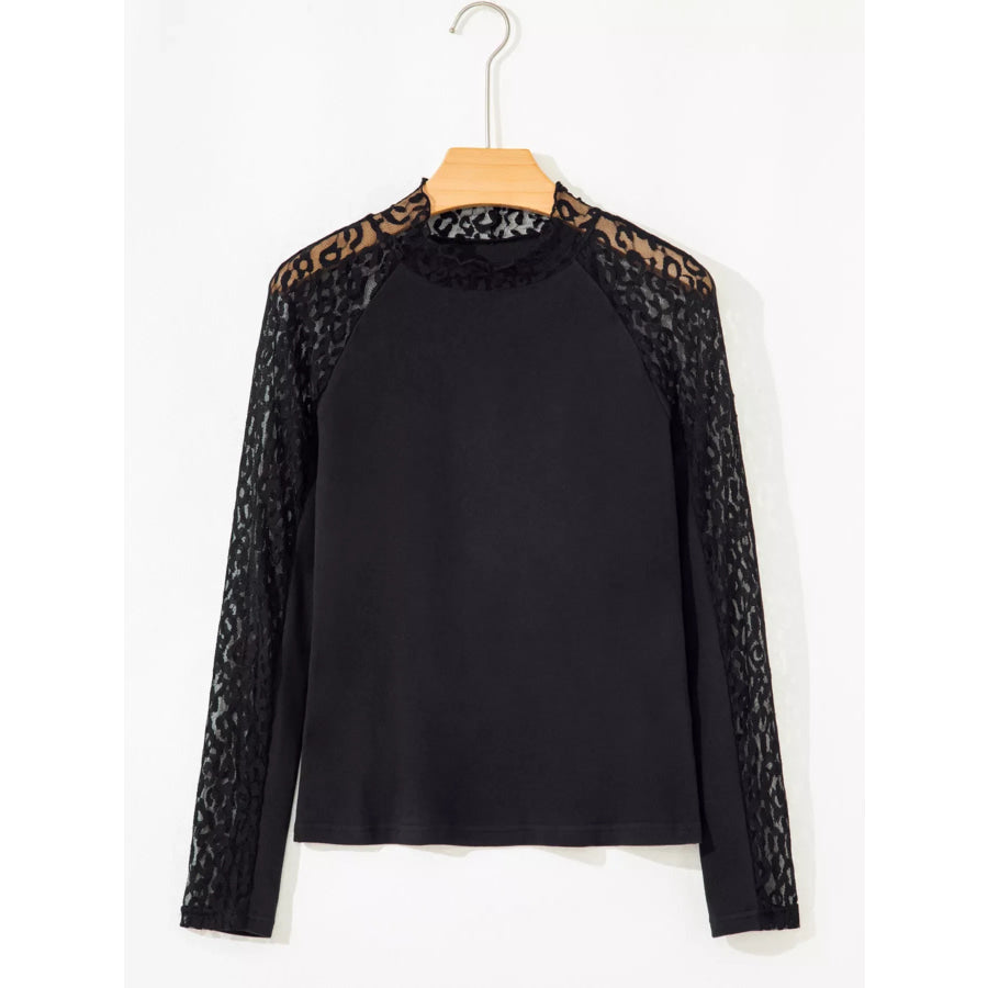 Leopard Mesh Patchwork Knit Long Sleeve Top Apparel and Accessories