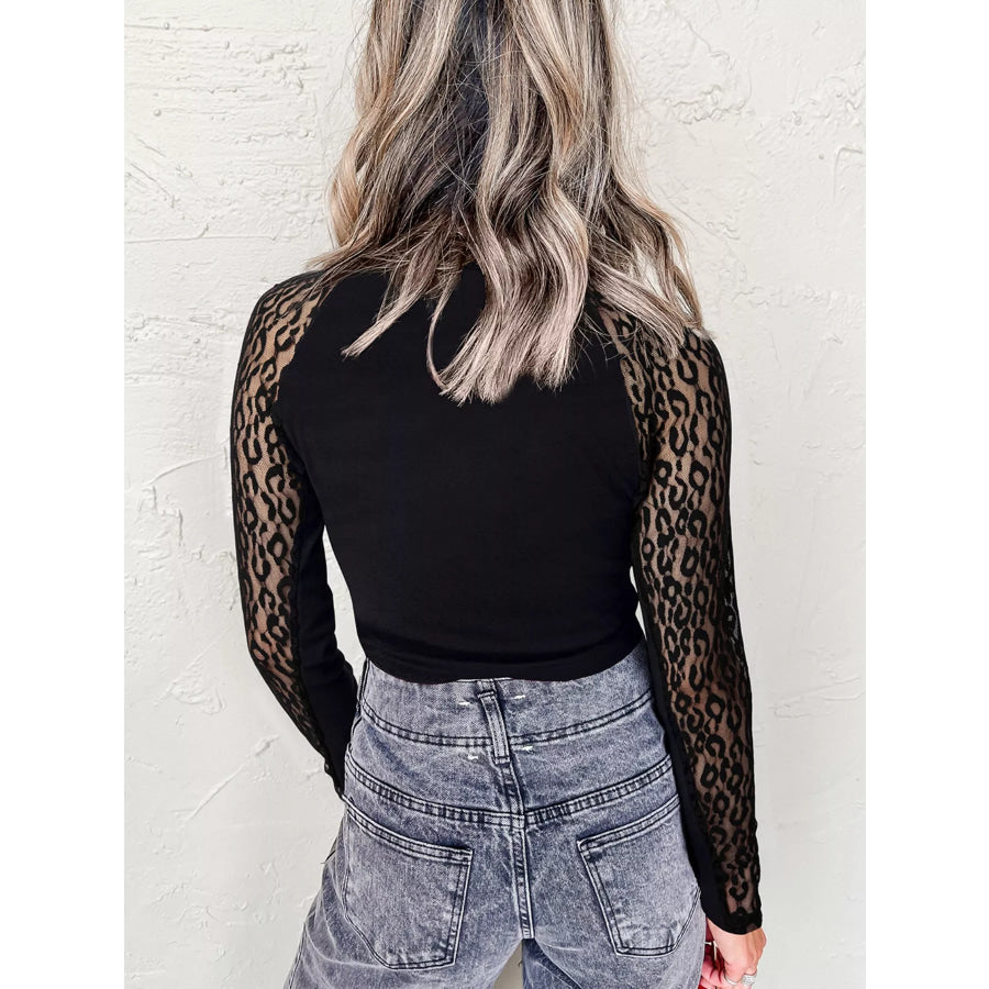 Leopard Mesh Patchwork Knit Long Sleeve Top Black / S Apparel and Accessories