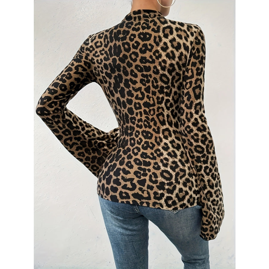 Leopard Mock Neck Flare Sleeve Top Apparel and Accessories