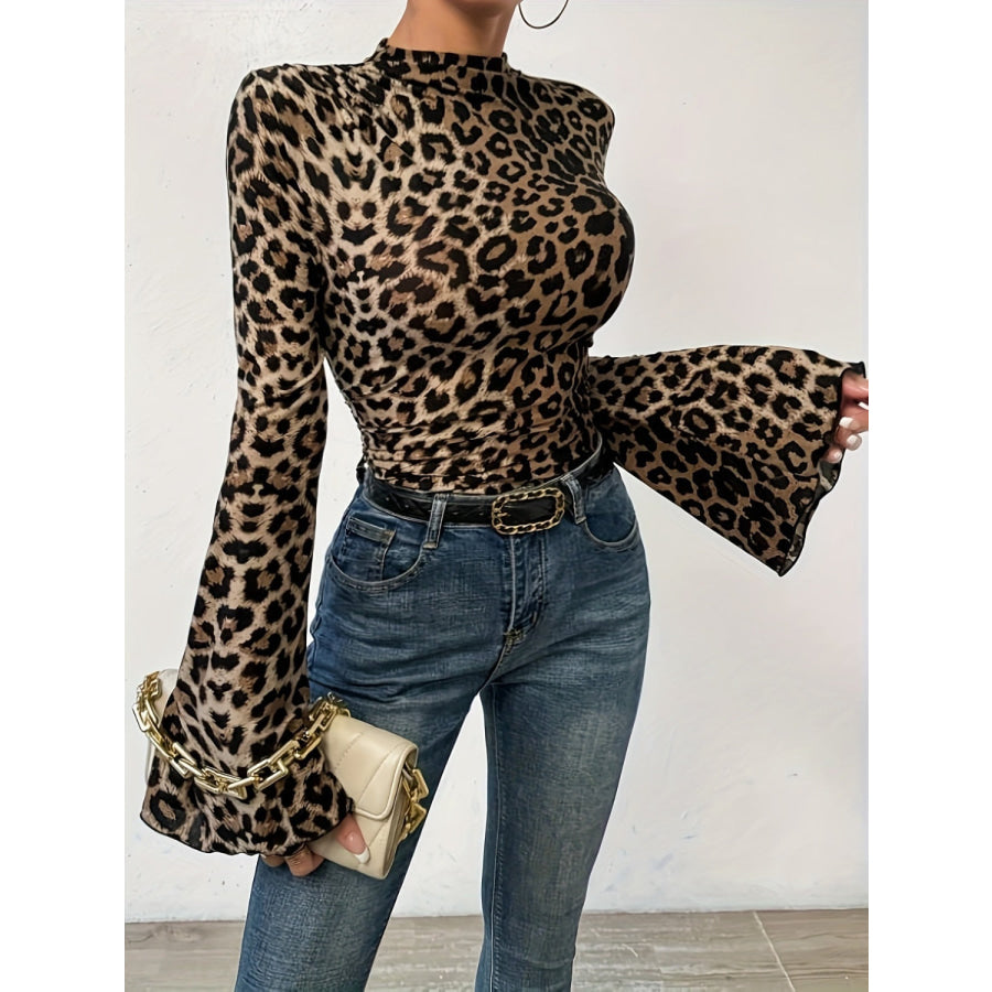 Leopard Mock Neck Flare Sleeve Top Apparel and Accessories