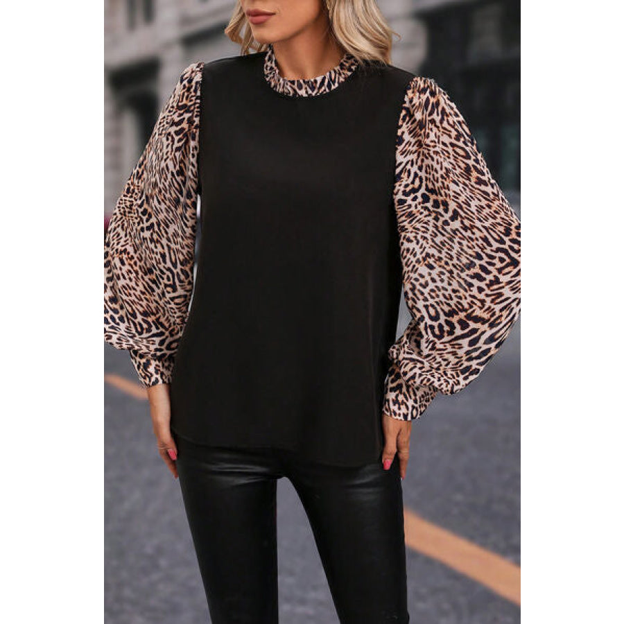 Leopard Mock Neck Lantern Sleeve Blouse Apparel and Accessories