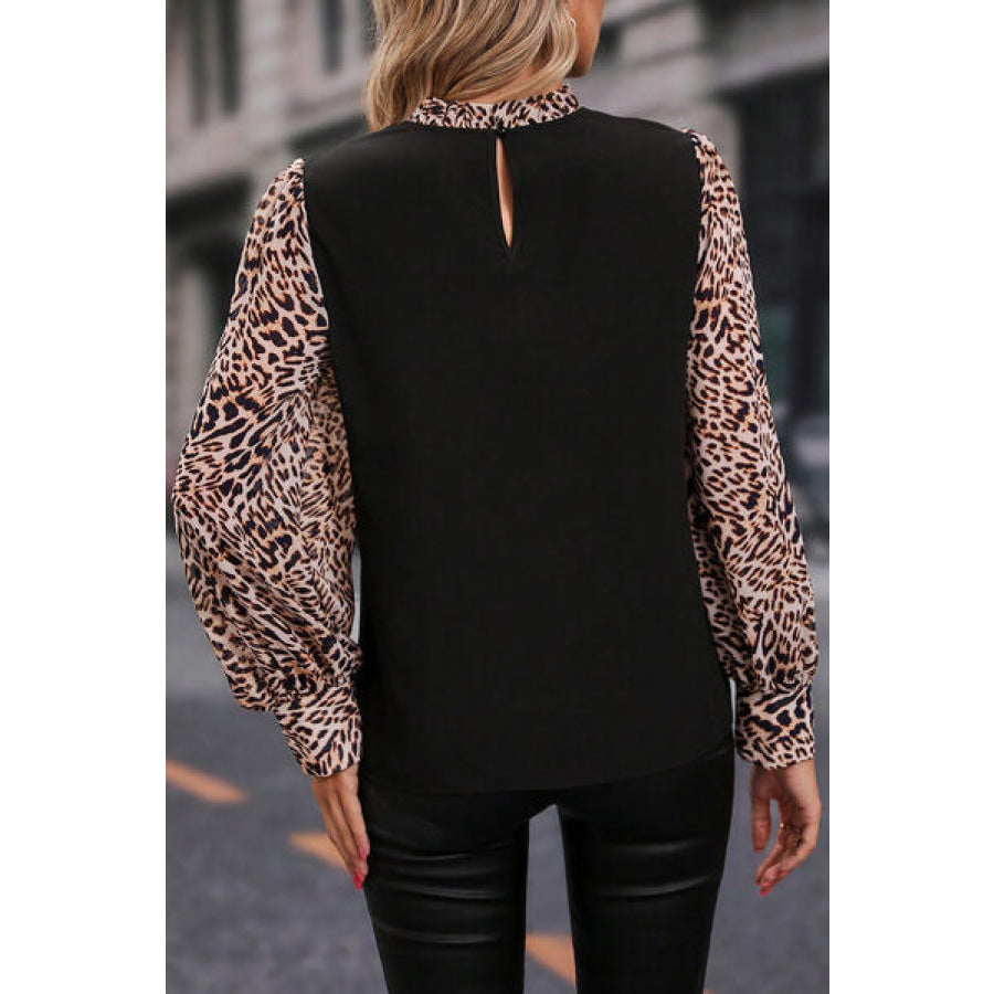 Leopard Mock Neck Lantern Sleeve Blouse Apparel and Accessories