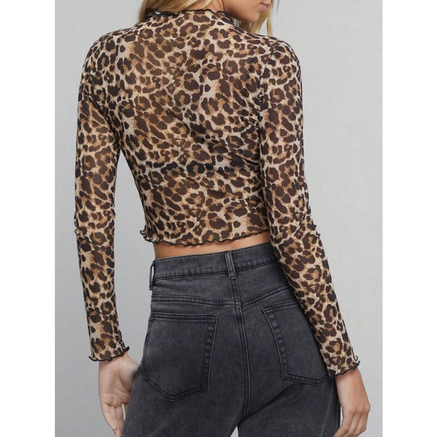 Leopard Mock Neck Long Sleeve Sheer Top Apparel and Accessories