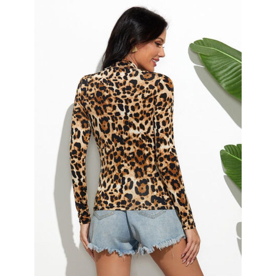 Leopard Mock Neck Long Sleeve T-Shirt Clothing