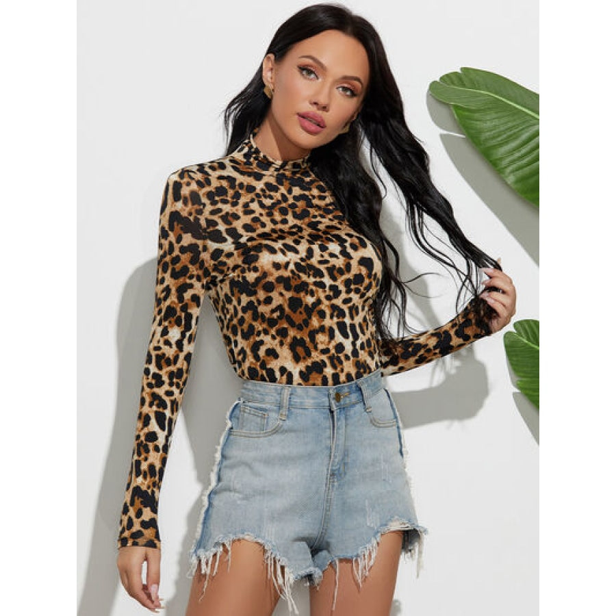 Leopard Mock Neck Long Sleeve T-Shirt Clothing