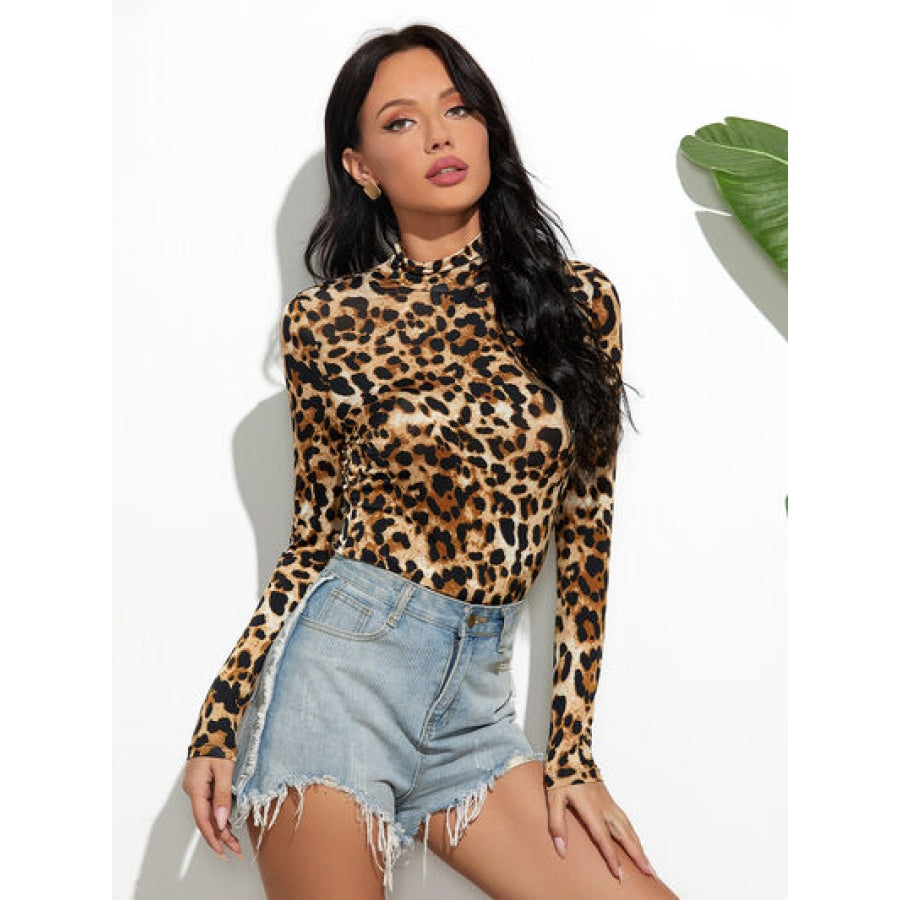 Leopard Mock Neck Long Sleeve T-Shirt Clothing