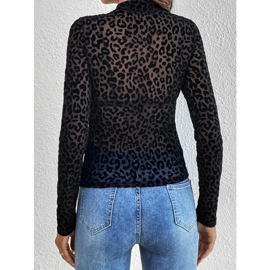 Leopard Mock Neck Long Sleeve Top Apparel and Accessories