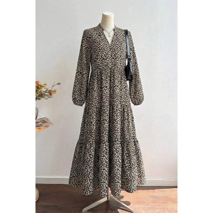 Leopard Notched Balloon Sleeve Dress Apparel and Accessories