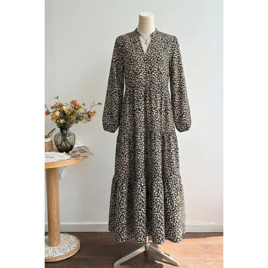 Leopard Notched Balloon Sleeve Dress Apparel and Accessories