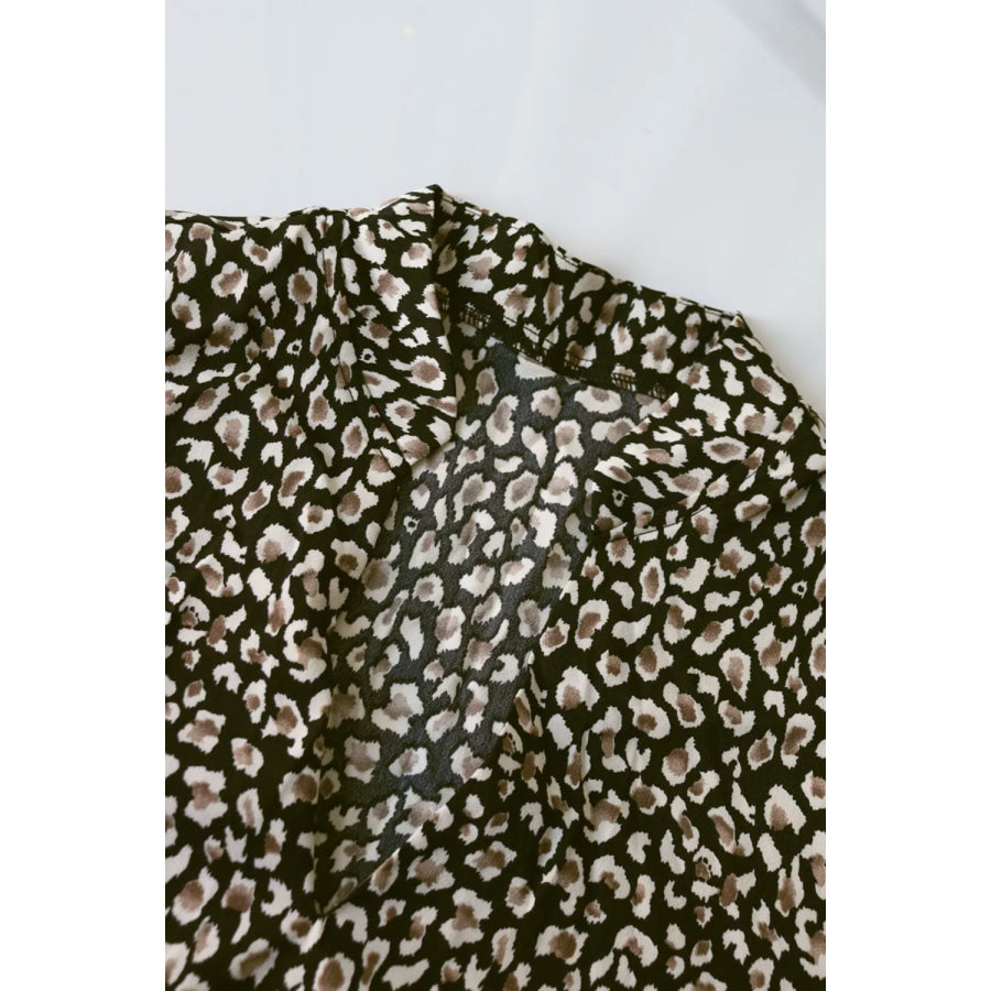 Leopard Notched Balloon Sleeve Dress Apparel and Accessories