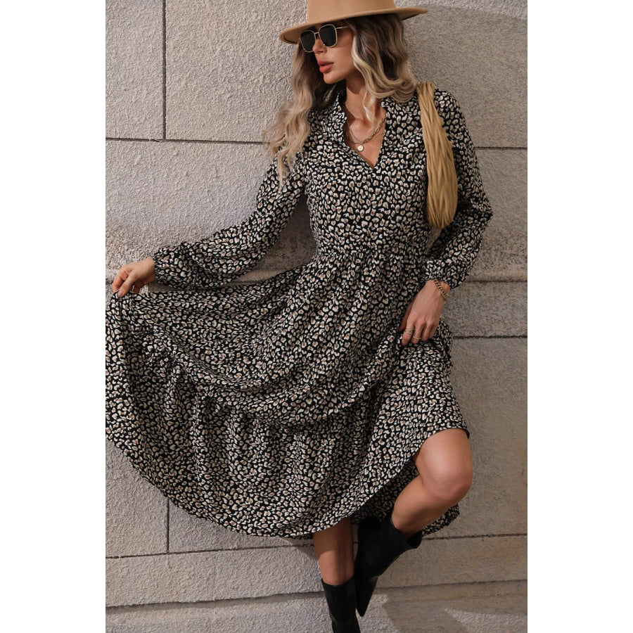 Leopard Notched Balloon Sleeve Dress Apparel and Accessories