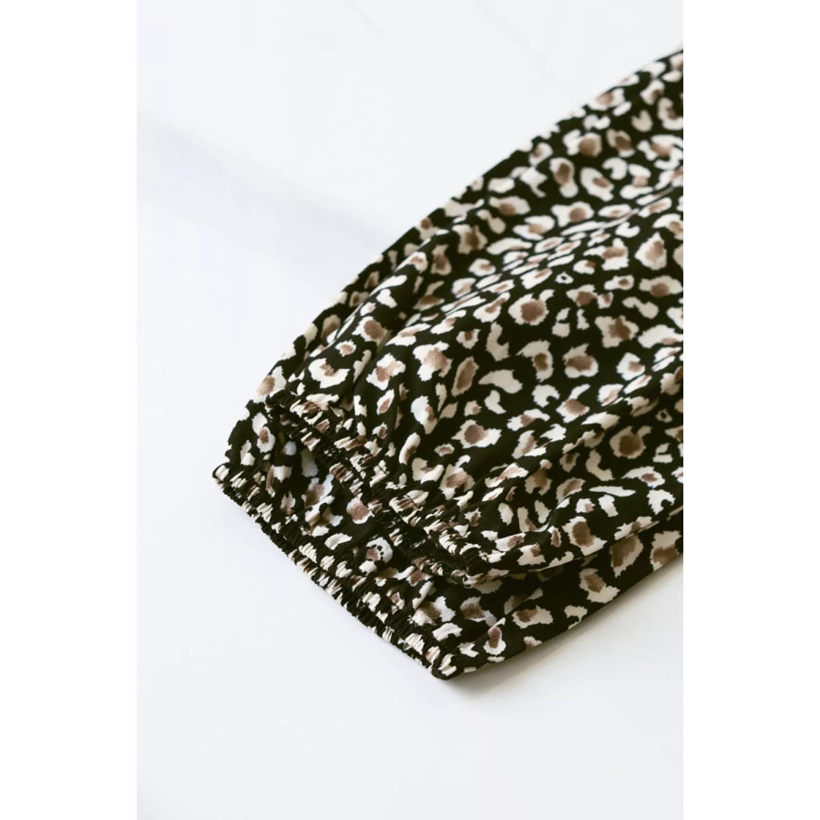 Leopard Notched Balloon Sleeve Dress Apparel and Accessories