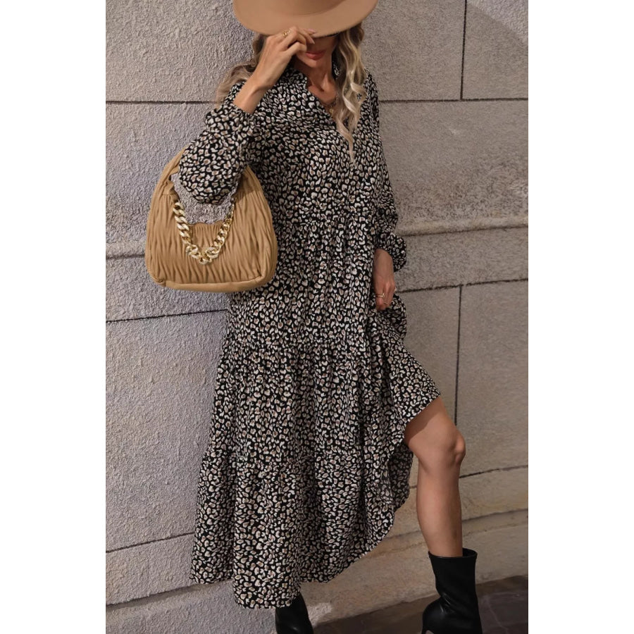 Leopard Notched Balloon Sleeve Dress Apparel and Accessories