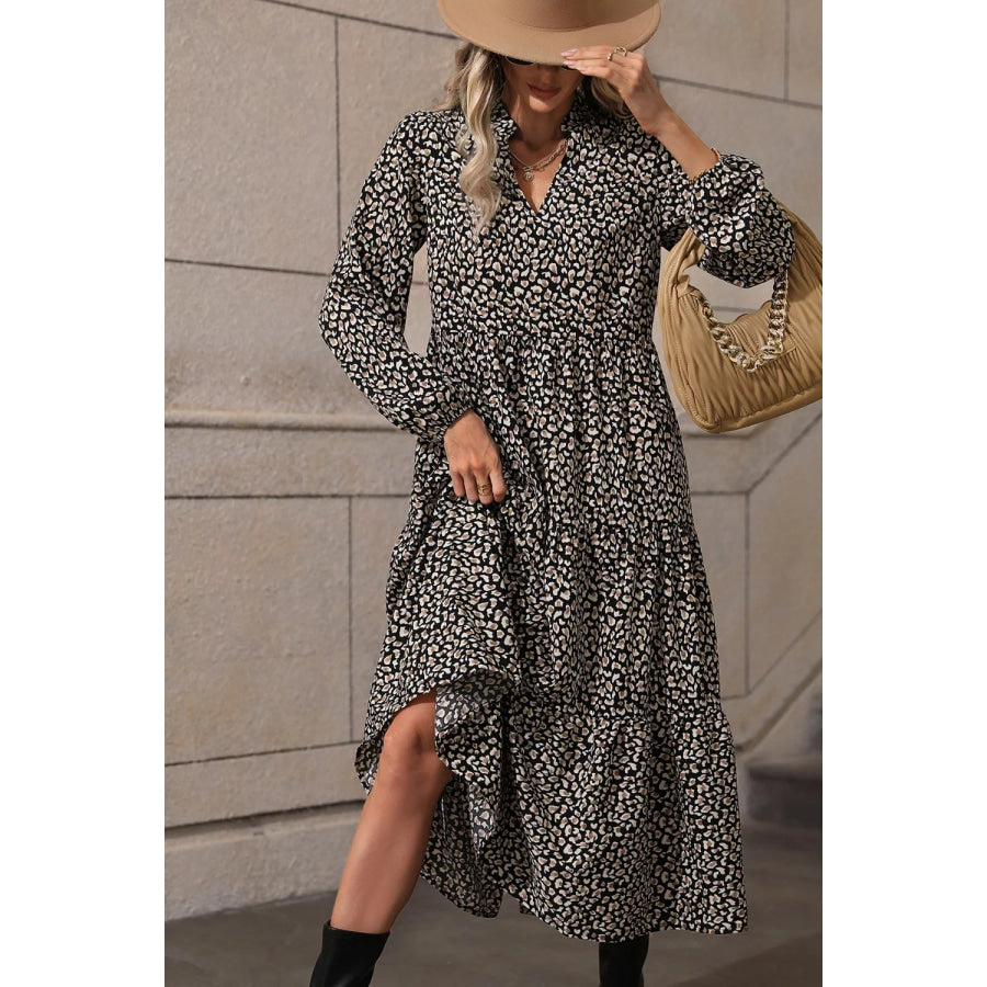 Leopard Notched Balloon Sleeve Dress Apparel and Accessories
