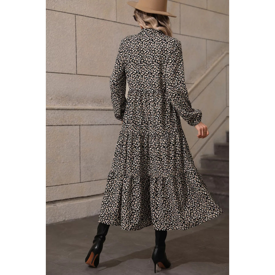 Leopard Notched Balloon Sleeve Dress Apparel and Accessories