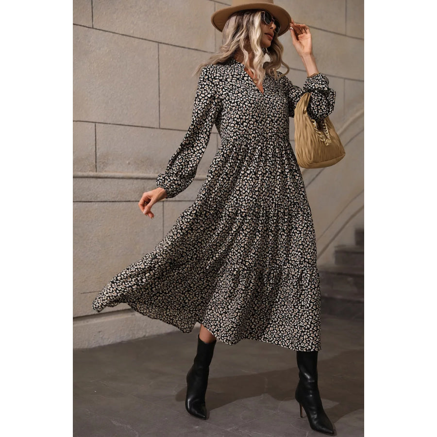 Leopard Notched Balloon Sleeve Dress Black / S Apparel and Accessories