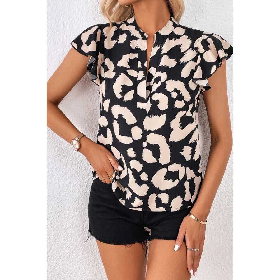 Leopard Notched Cap Sleeve Blouse Apparel and Accessories