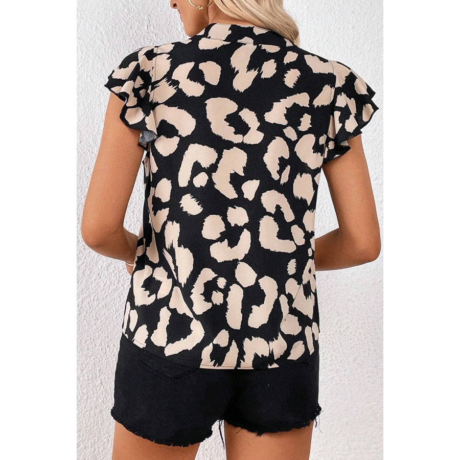 Leopard Notched Cap Sleeve Blouse Apparel and Accessories