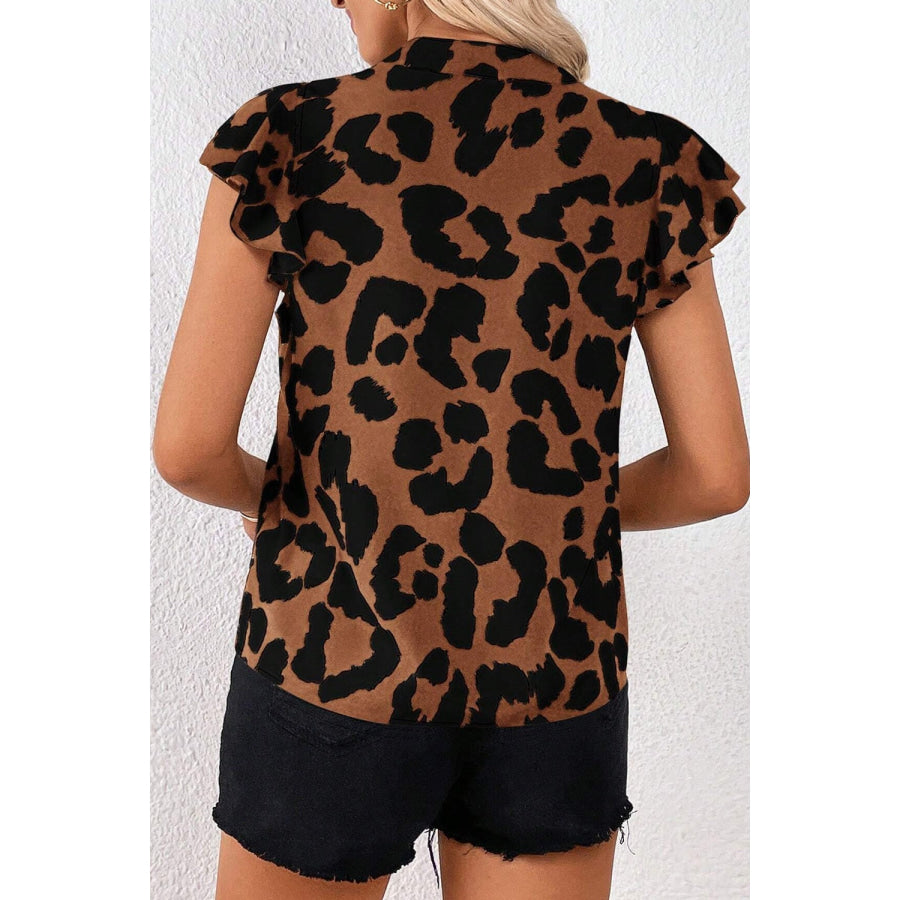 Leopard Notched Cap Sleeve Blouse Apparel and Accessories