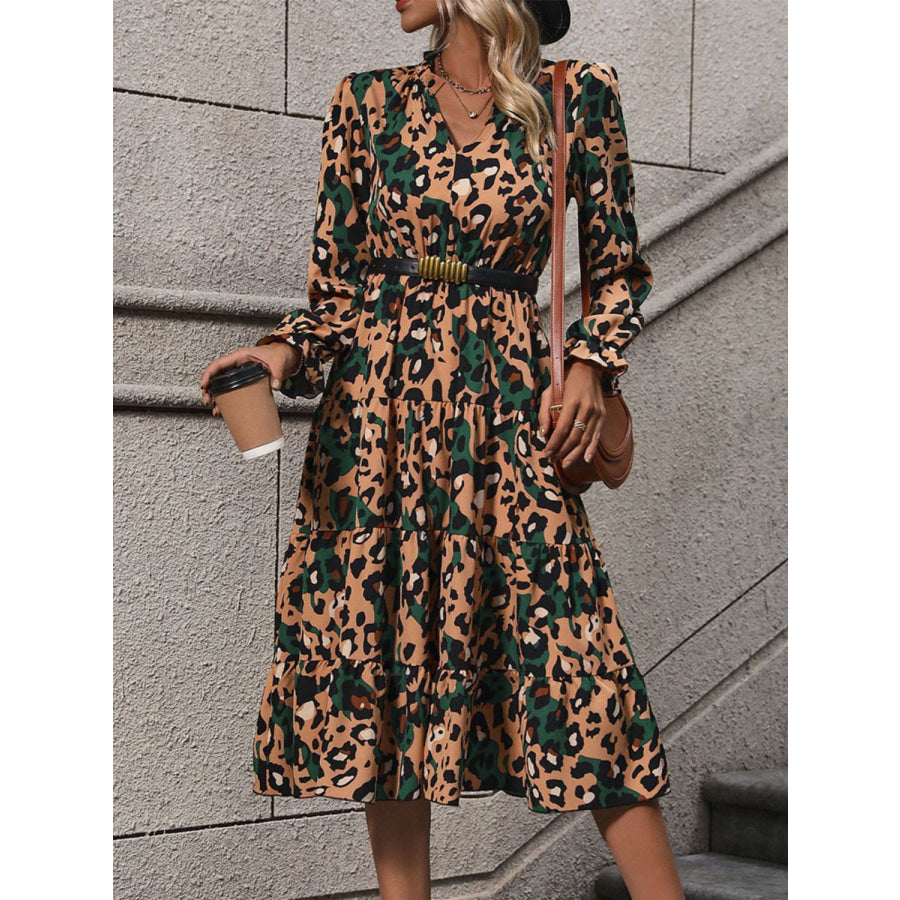 Leopard Notched Flounce Sleeve Midi Dress Apparel and Accessories