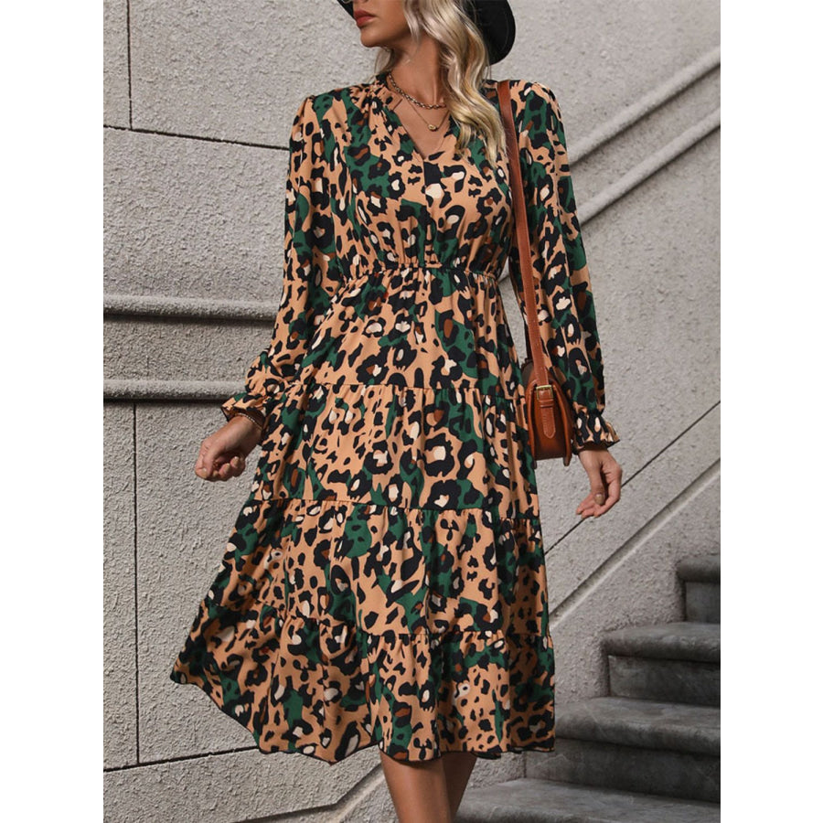Leopard Notched Flounce Sleeve Midi Dress Camel / S Apparel and Accessories