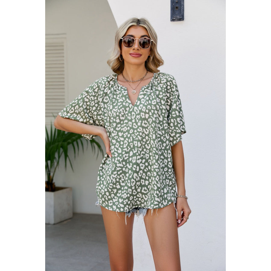 Leopard Notched Half Sleeve Blouse Army Green / S Apparel and Accessories