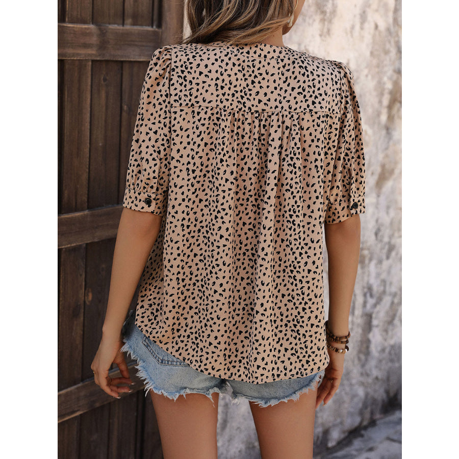 Leopard Notched Half Sleeve Blouse Apparel and Accessories