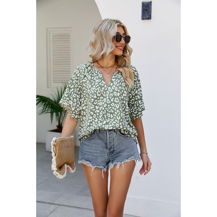 Leopard Notched Half Sleeve Blouse Army Green / S Apparel and Accessories