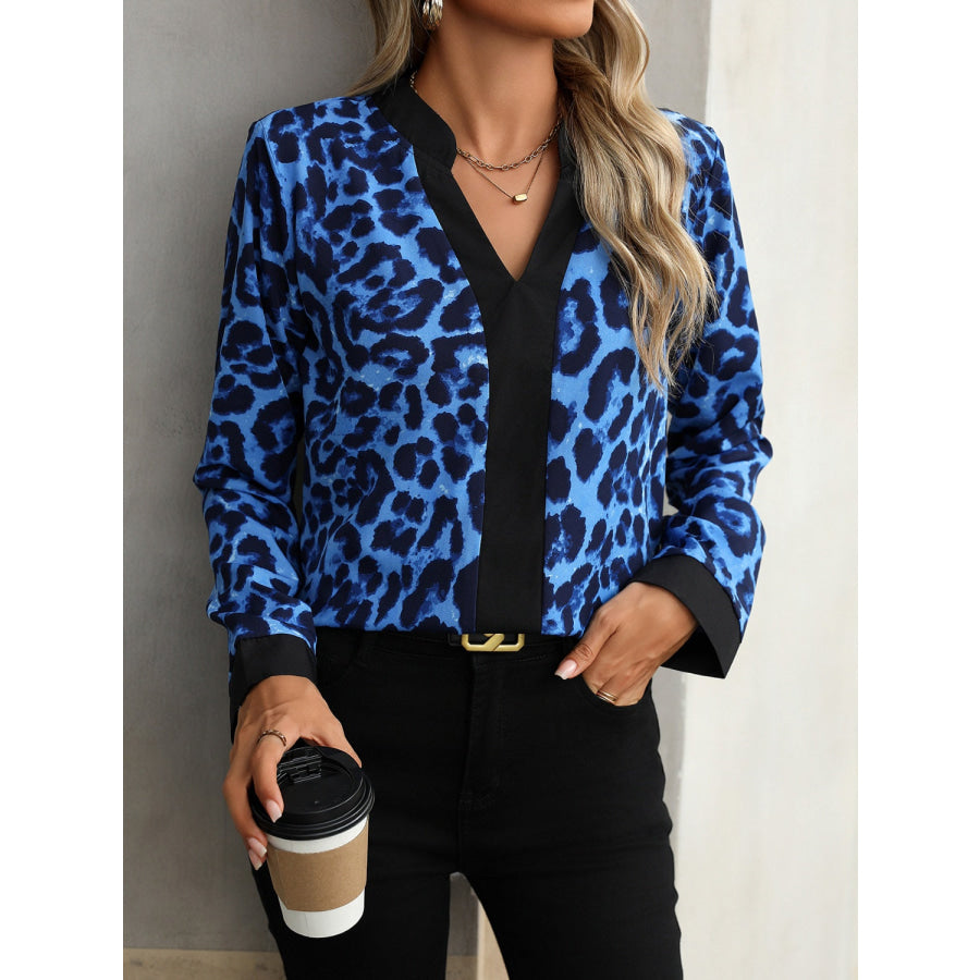 Leopard Notched Long Sleeve Blouse Apparel and Accessories