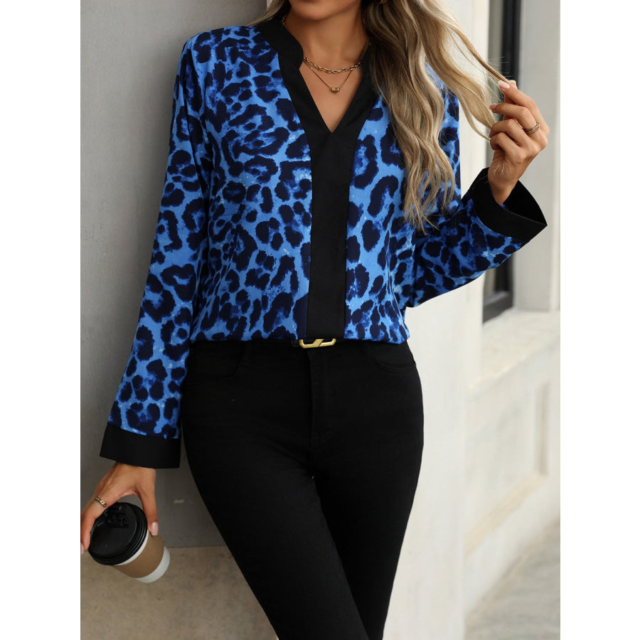 Leopard Notched Long Sleeve Blouse Apparel and Accessories