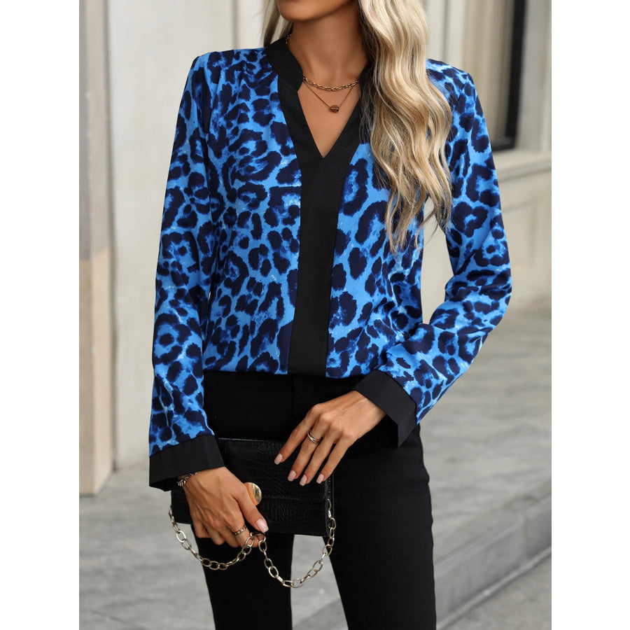 Leopard Notched Long Sleeve Blouse Apparel and Accessories