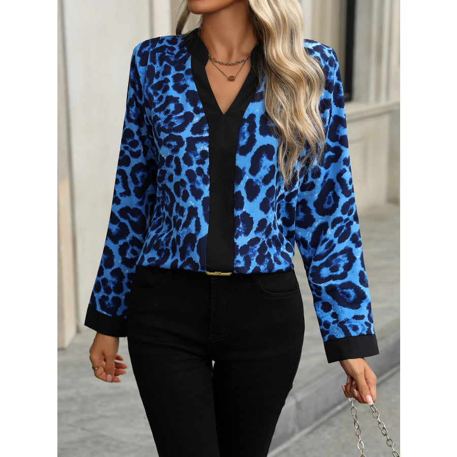 Leopard Notched Long Sleeve Blouse Apparel and Accessories