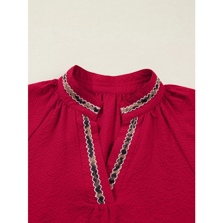 Leopard Notched Long Sleeve Blouse Apparel and Accessories