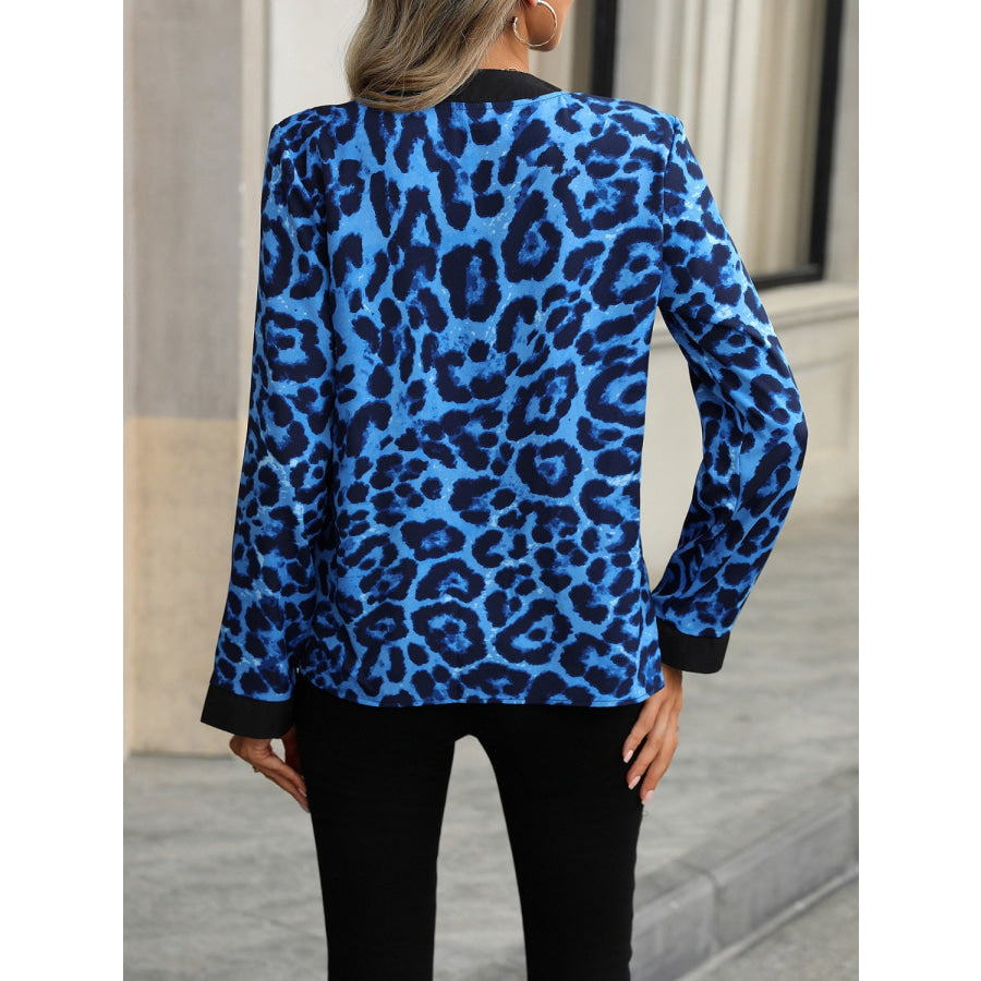 Leopard Notched Long Sleeve Blouse Royal Blue / S Apparel and Accessories