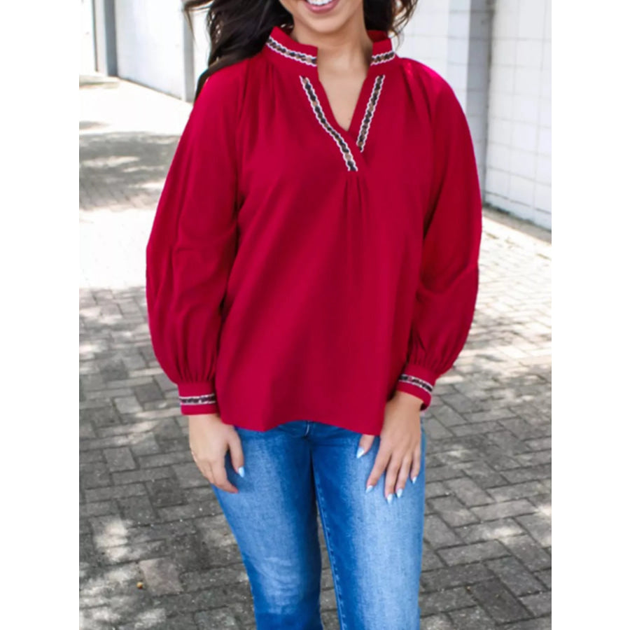 Leopard Notched Long Sleeve Blouse Deep Red / S Apparel and Accessories