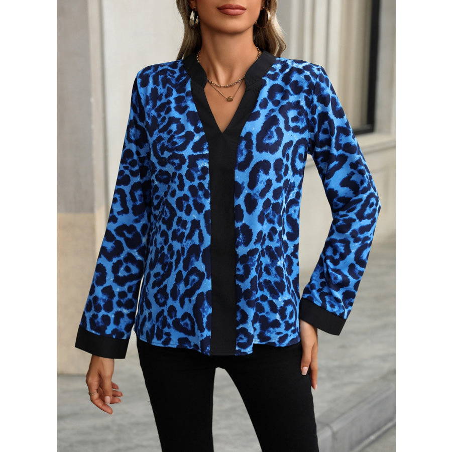 Leopard Notched Long Sleeve Blouse Royal Blue / S Apparel and Accessories