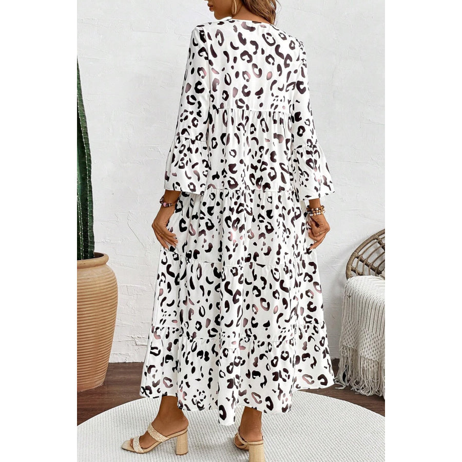 Leopard Notched Long Sleeve Dress White / S Apparel and Accessories
