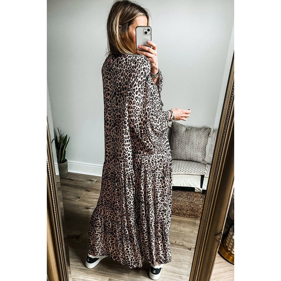 Leopard Notched Long Sleeve Maxi Dress Apparel and Accessories