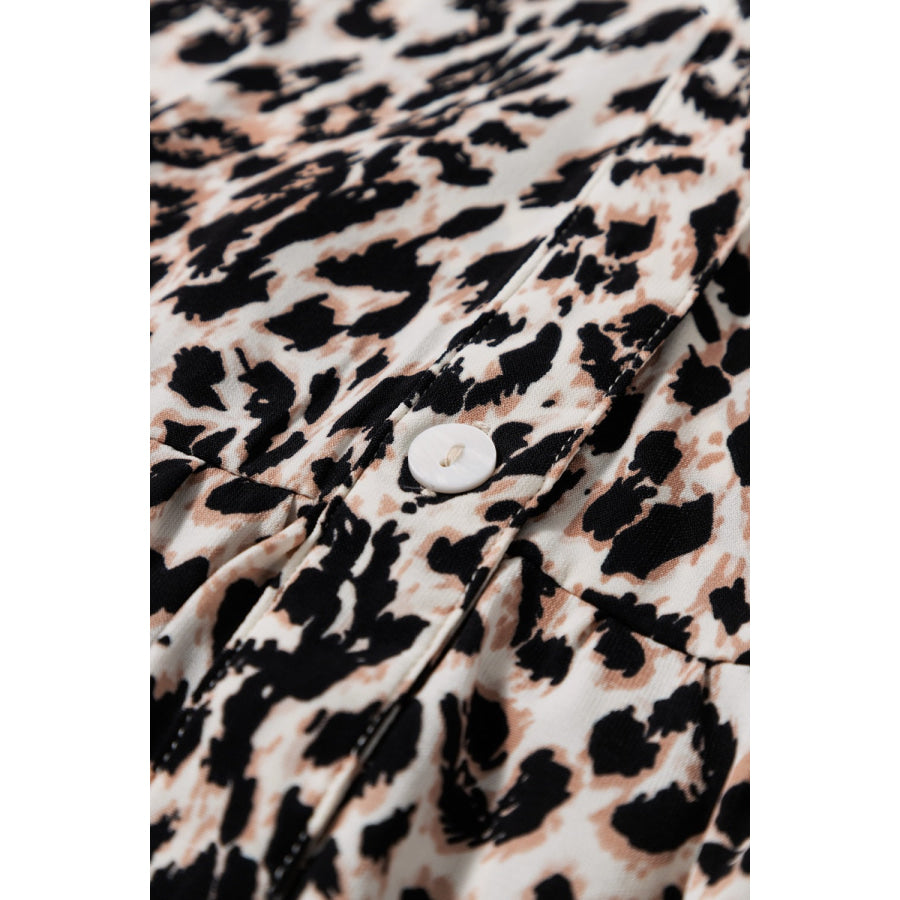 Leopard Notched Long Sleeve Maxi Dress Apparel and Accessories