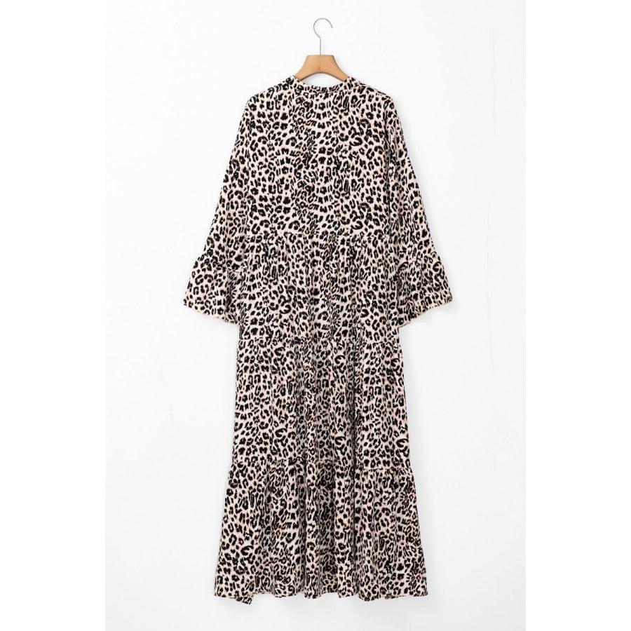 Leopard Notched Long Sleeve Maxi Dress Apparel and Accessories